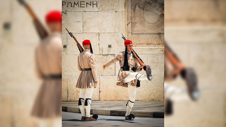 A changing of the guard ceremony at the Tomb of the Unknown Soldier in Athens