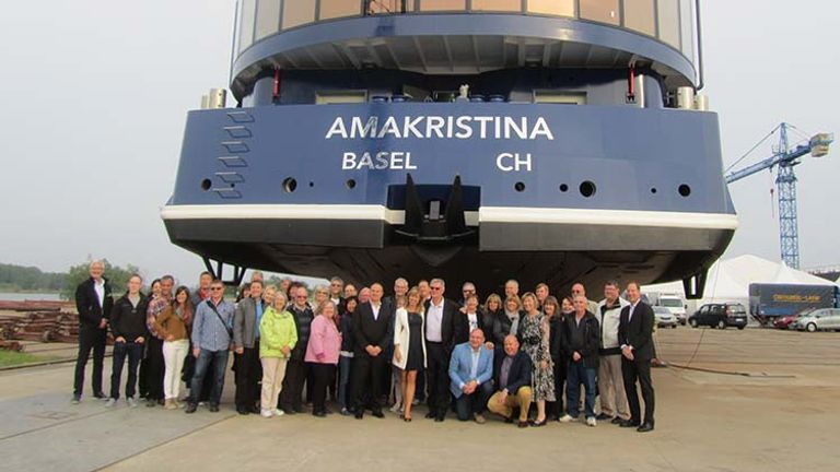 AmaWaterways held a surprise pre-christening ceremony for AmaKristina on April 28 at Vahali Zasavica shipyard in Serbia. // © 2016 Elizabeth Dupuis