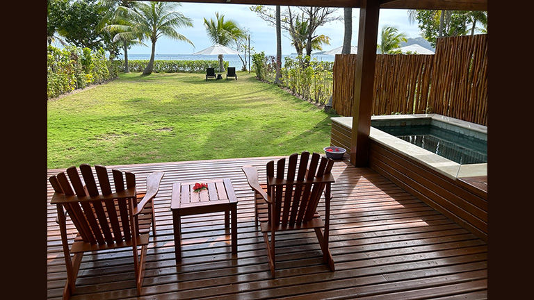 Beachfront Pool Bures include a large outdoor area with a patio, a plunge pool and a lawn that leads to the beach.