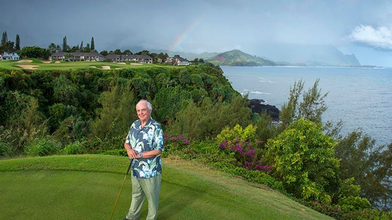 Robert Trent Jones, Jr. standing in the tee box of the par 3 seventh hole on the Makai Golf Course in Princeville, Kauai. // © 2016 Mark Edward Harris