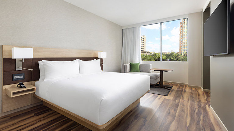 The 112 guestrooms are modern and well-appointed.