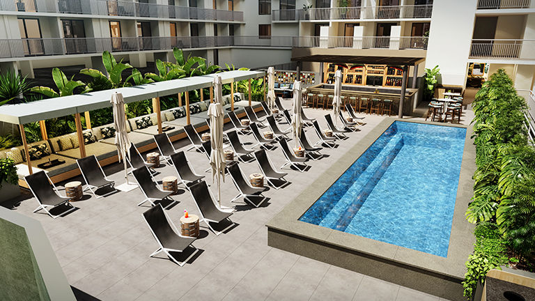 The hotel will feature a second-floor pool and bar area.